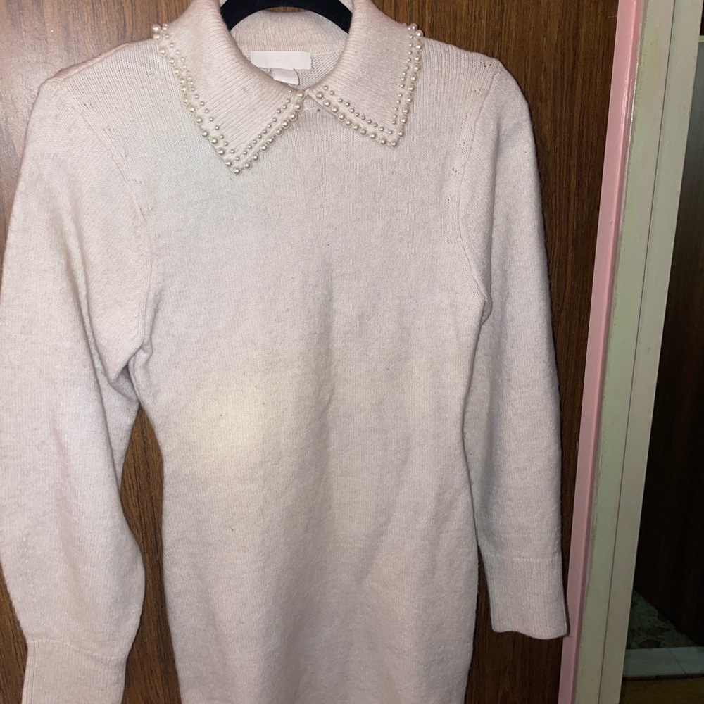 Cream Sweater Dress with Pearl Collar